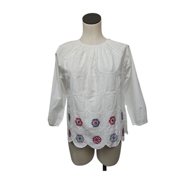 NWT‎ J.Crew Embroidered Boho Peasant Pullover Blouse White 3/4 Sleeve Size XS - Picture 1 of 10
